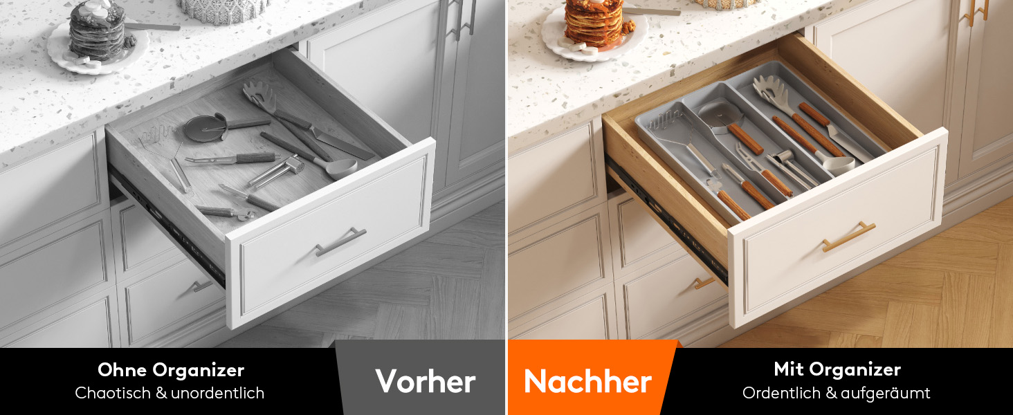 Органайзер для столових приладів Lifewit в шухляду, розширюваний 43.9 см, сірий, 40 см глибина, для кухні, ложок, ножів, лопаток