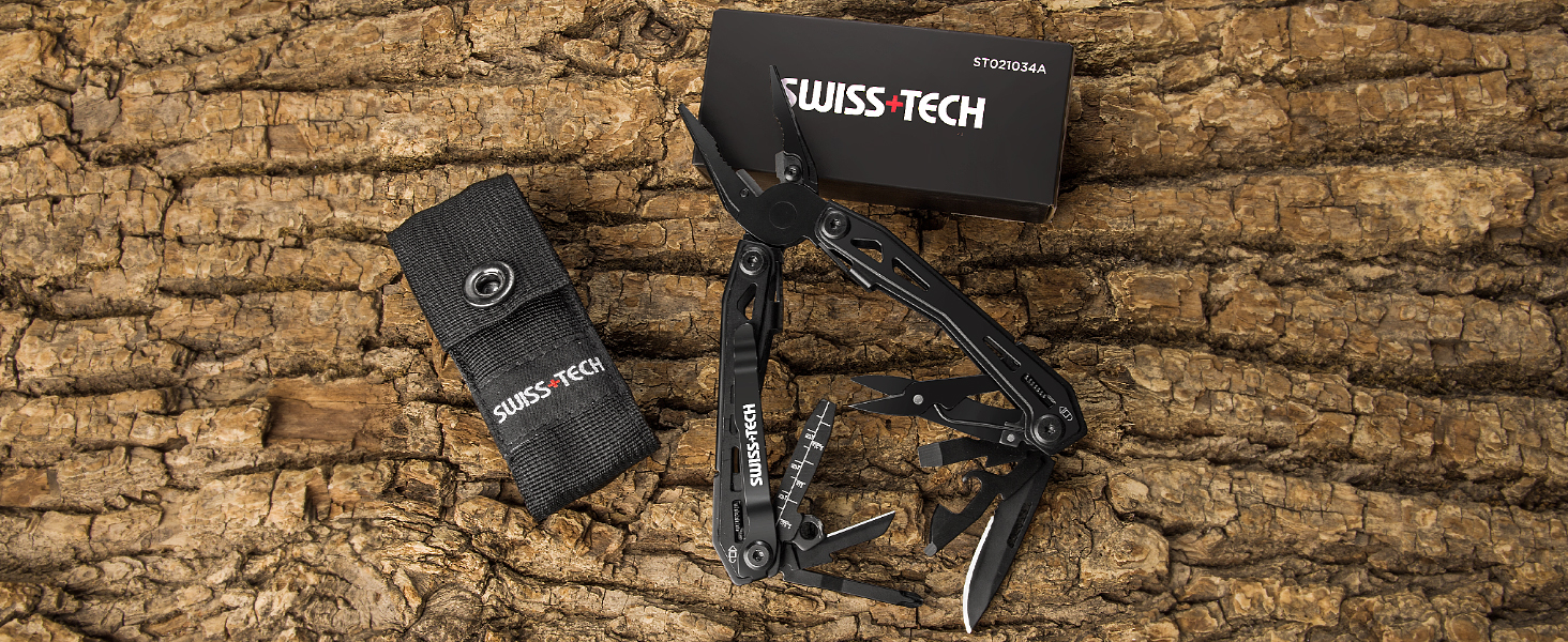 Мультитул Swiss+Tech 16 в 1 з нержавіючої сталі, мультифункціональний інструмент з ножем, відкривачкою та кліпсою для ременя, для кемпінгу та ремонту, з чохлом, чорний