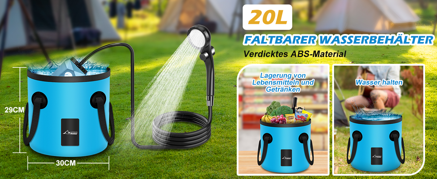 Портативна душова кабіна WADEO з акумулятором, помпою та підсвічуванням, 120 хвилин роботи, LED-ліхтар, мобільний душ-сет з 2м шлангом, душовою насадкою, тримачем та відром для саду, миття автомобіля, домашніх тварин, пляжу, подорожей (Блакитний, з відром 20л)