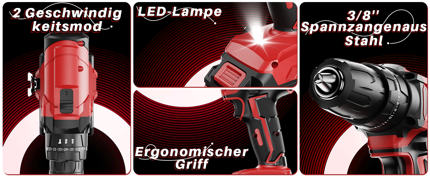 Акумуляторний шуруповерт 21V з двома акумуляторами 2000mAh, 45Nm, 25+3 ступені крутного моменту, LED, для дому та саду, DIY проєкти