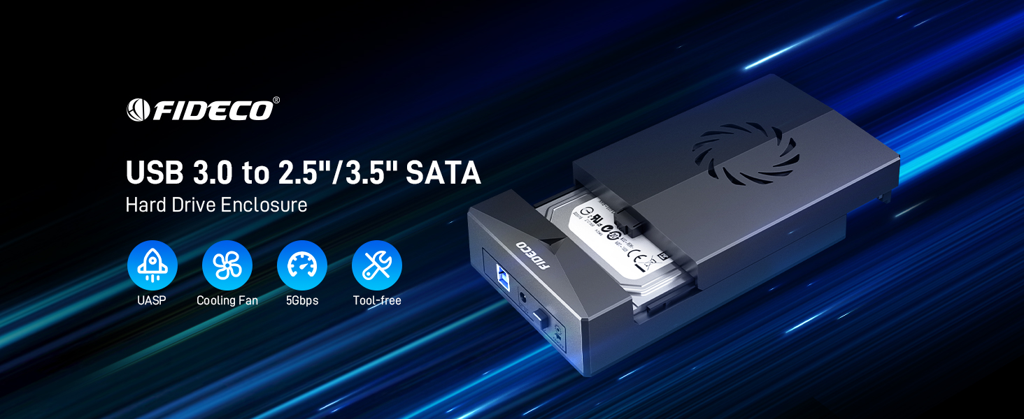 Док-станція FIDECO для HDD/SSD 2.5'' та 3.5'' SATA, USB 3.0 5Gbps, зовнішній корпус для жорстких дисків з вентилятором та підтримкою UASP