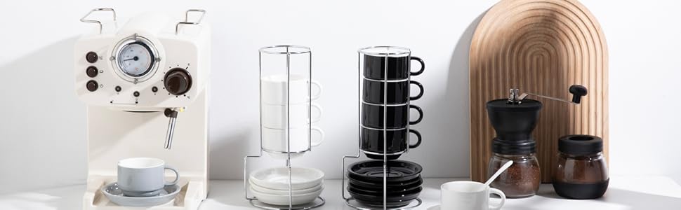 Набір чашок еспресо Sweejar Home з підставками, 6 шт., 70 мл, порцеляна, чорний, для кави, мокко, лате, чаю