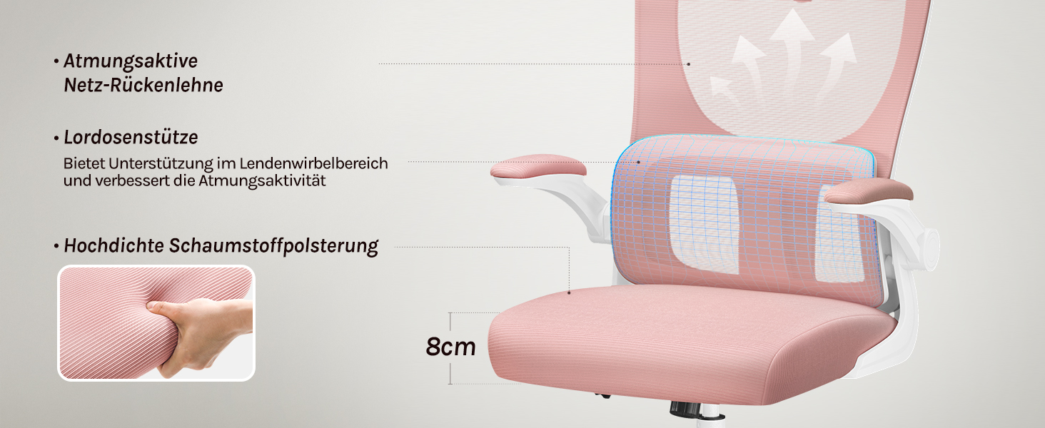 Офісний стіл Woltu: ергономічне крісло з функцією гойдання, регульована підголовник, обертові підлокітники, підтримка попереку, 150 кг, Рожевий