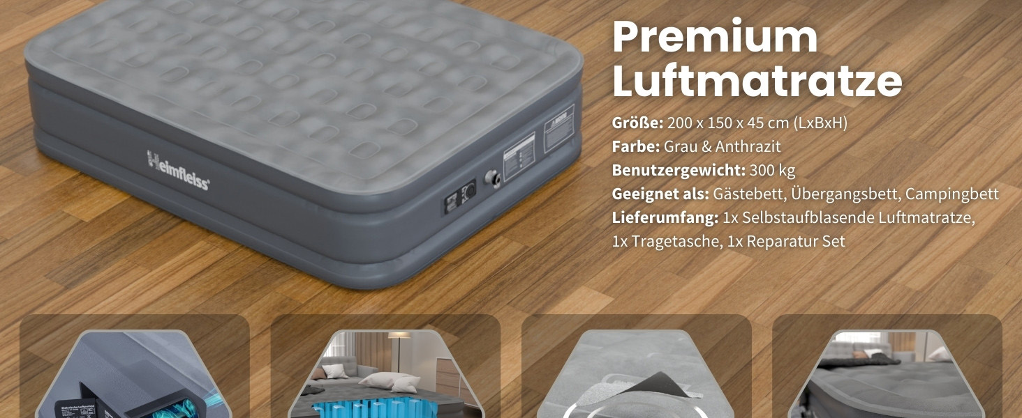 Надувний матрац самонадувний Heimfleiss® 150x200 см | Преміум матрац для 2 осіб | Швидко надувний матрац для гостей та кемпінгу | Самостійно надувний матрац з насосом сірого кольору