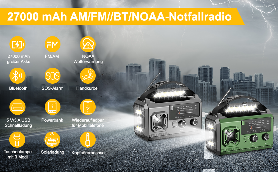 Радіо Kurbelradio на сонячній батареї 27000mAh з Bluetooth, FM/AM, SOS-сигналом, ліхтариком та компасом для кемпінгу та надзвичайних ситуацій (армійсько-зелене)