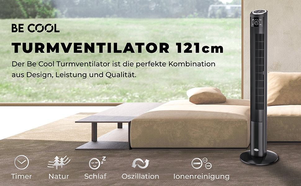 Вентилятор Be Cool з турбонаддувом 121 см – 3 швидкості, осциляція, LED-дисплей, таймер до 12 годин, іонізатор для чистого повітря, тихий підлоговий вентилятор з пультом дистанційного керування, білий (45W)