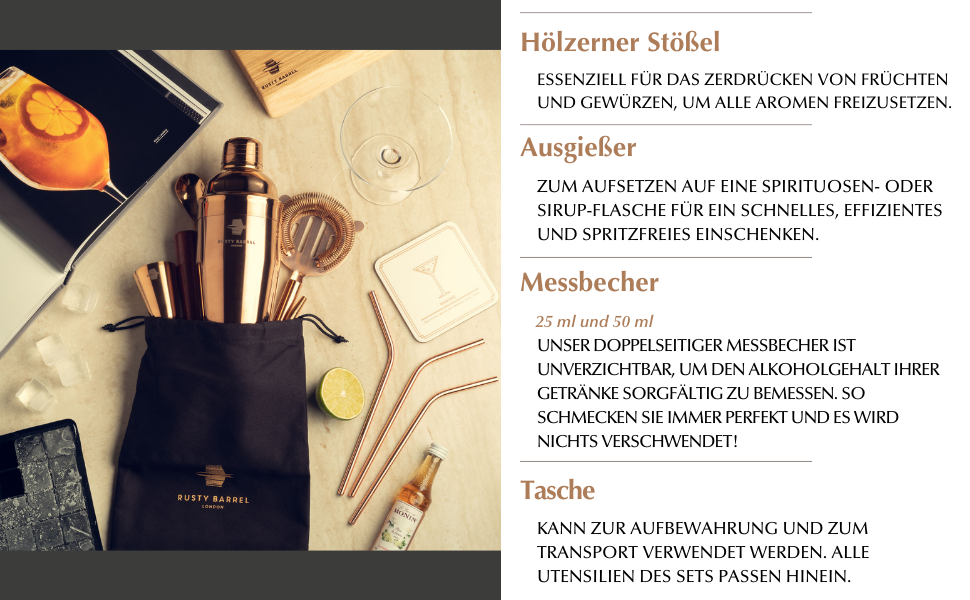 Набір для приготування коктейлів Chelsea Roségold – повний комплект для бармена: шейкер, мадлер, сито, мірний стакан, виливач, ложка, сумка та рецепти. З подарунковою коробкою