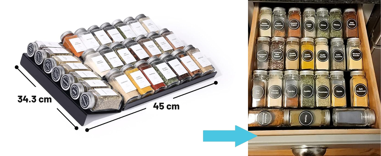 Black Spice Drawer Organizer with 28 Spice Jars, 348 Labels, Sifter and Pour Lids with Airtight Aluminum Caps, 4-Tier Clear Acrylic Drawer Tray Rack with Spice Containers