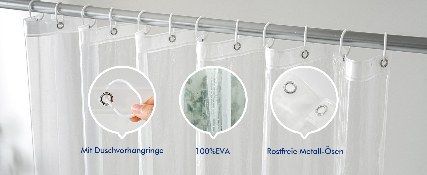 Шторка для душу MIULEE 180x210 см прозора з антигрибковим покриттям, пластикова, водонепроникна, з магнітними вагами, швидковисихаюча, з 12 кільцями, для ванни, 1 шт.