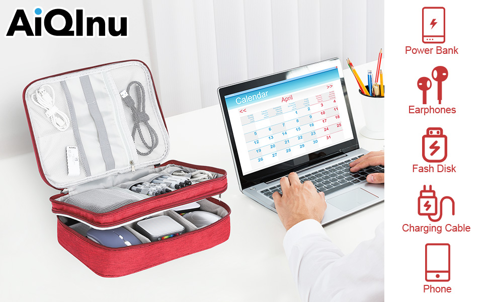 Органайзер для кабелів AiQInu: універсальна дорожня сумка-кубик для кабелів, 3-шаровий водонепроникний органайзер для зарядних кабелів, Powerbank, USB-накопичувачів, SD-карт (червоний)