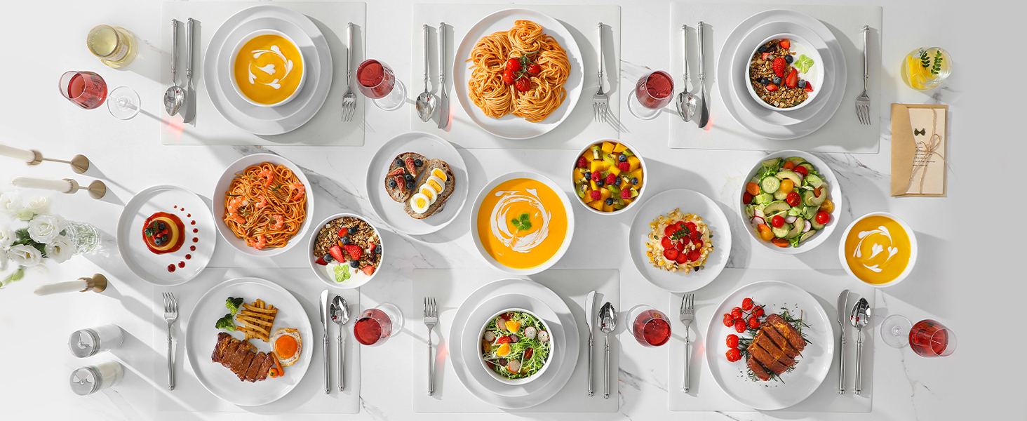 MALACASA Набір посуду 48 предметів, порцеляновий набір тарілок та мисок, сервіз на 12 осіб, білі їдальні тарілки та миски, круглий набір посуду, придатний для миття в посудомийній машині та мікрохвильовій печі, серія LEXI 48 предметів білий