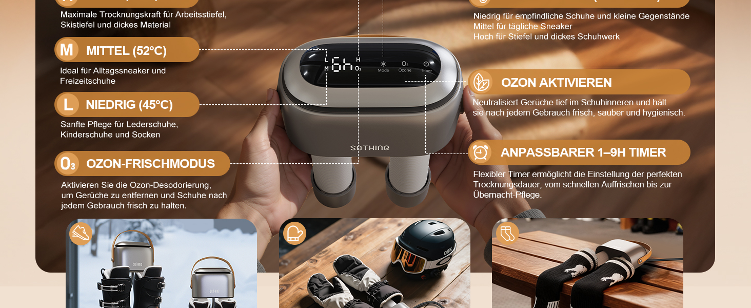 Сушарка для взуття електрична SOTHING 95W з озонуванням, 3 режими, таймер до 9 годин, для лижних черевиків