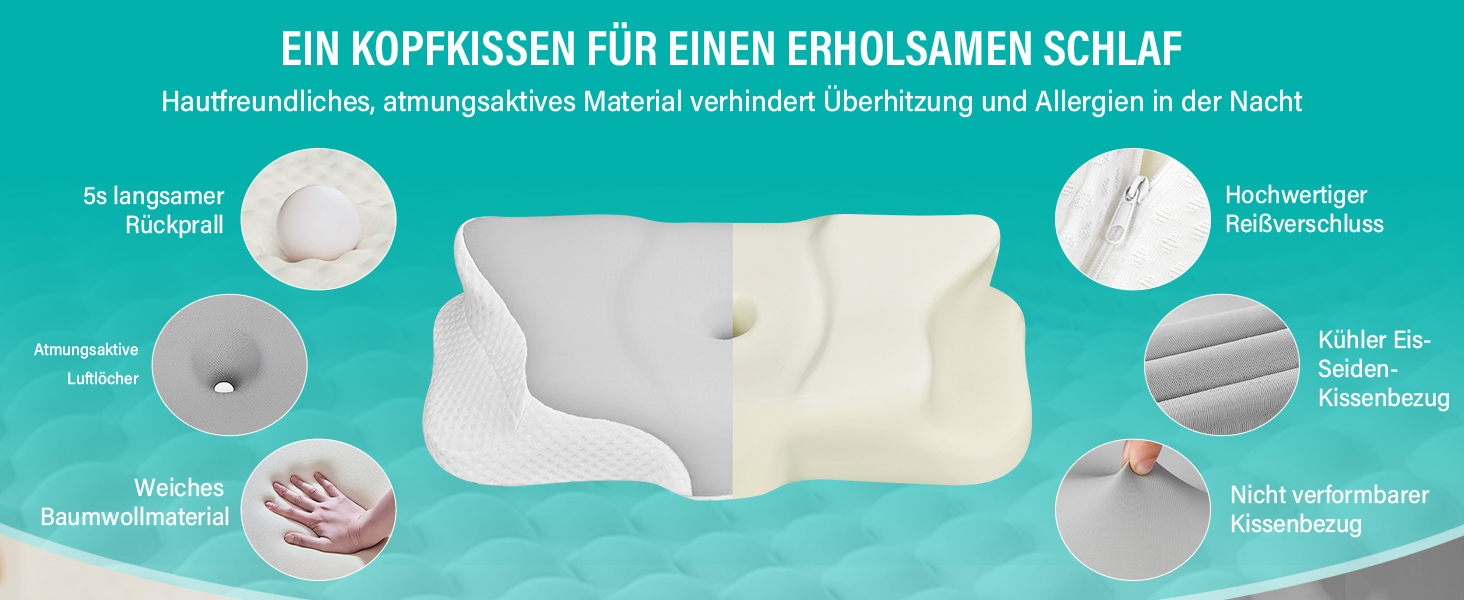 Подушка для шиї Ehomfory з піною Memory Foam, ергономічна подушка для сну на боці, спині та животі, 62x41x9/12 см, сіро-біла