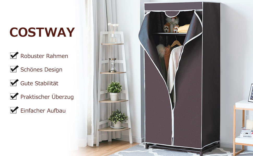 Текстильна шафа для одягу COSTWAY, складна, з полицями та штангою, 74x50x172 см, коричнева, для вітальні, спальні, підвалу