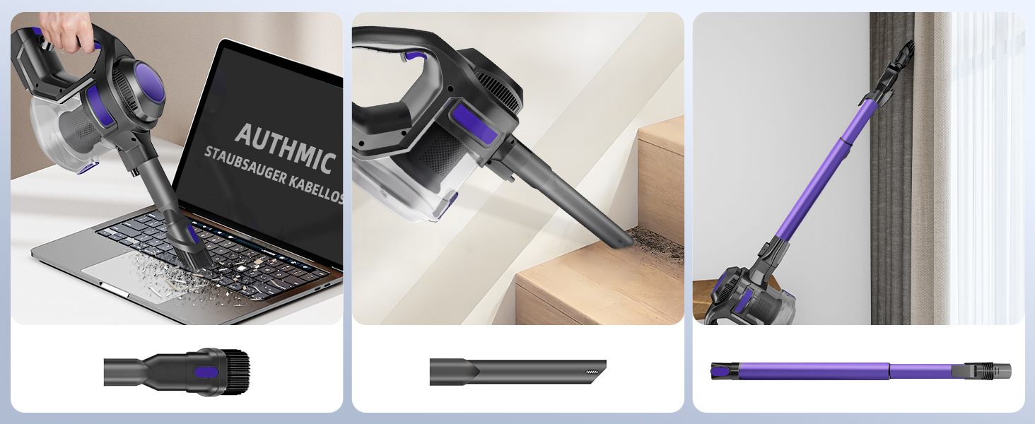 Бездротовий акумуляторний пилосос 40000Pa з 4 HEPA-фільтрами та контейнером 1.6L | 450W для твердих поверхонь, килимів та шерсті тварин (Lila)