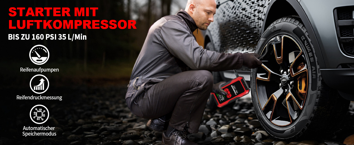 Пауербанк для авто FNNEMGE 26800mAh з пусковим струмом 6500A, компресором 160PSI, LCD-дисплеєм та LED-підсвіткою