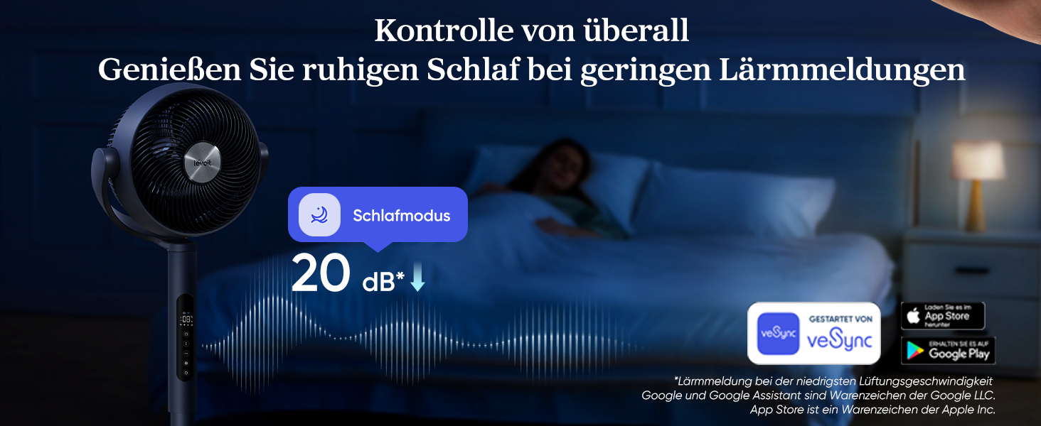 Вентилятор Levoit 20dB з керуванням через APP та Alexa, DC мотор, 30м, 4 режими, 12 швидкостей, таймер 12 годин, сірий, 110 см