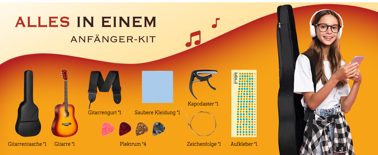 Акустична гітара CAHAYA Lindenholz CY0354: Комплект для початківців, дітей та дорослих, з чохлом, запасними струнами, каподастром, медіаторами та наклейками на лади