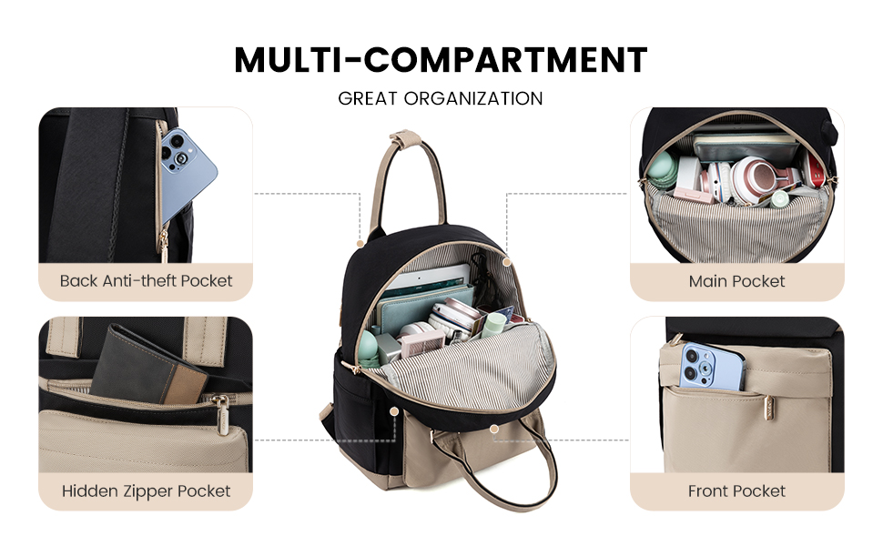 LOVEVOOK Рюкзак жіночий маленький, водонепроникний, міський, 2-в-1 з USB-портом, міні-рюкзак, сумочка, для роботи, школи, подорожей, елегантний, хакі, чорний, 11 дюймів