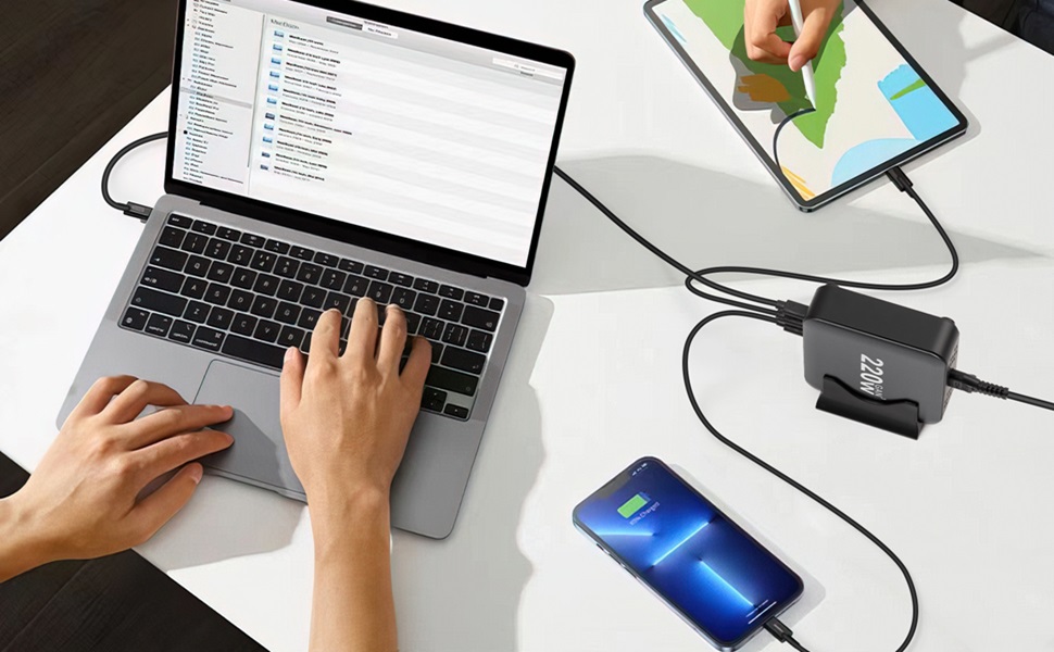 Зарядний пристрій USB C 220W, 6 портів GaN III, швидка зарядка PD + QC для iPhone, Samsung, iPad, MacBook Pro, Dell – Чорний + Кабель USB C 100W 1.5м