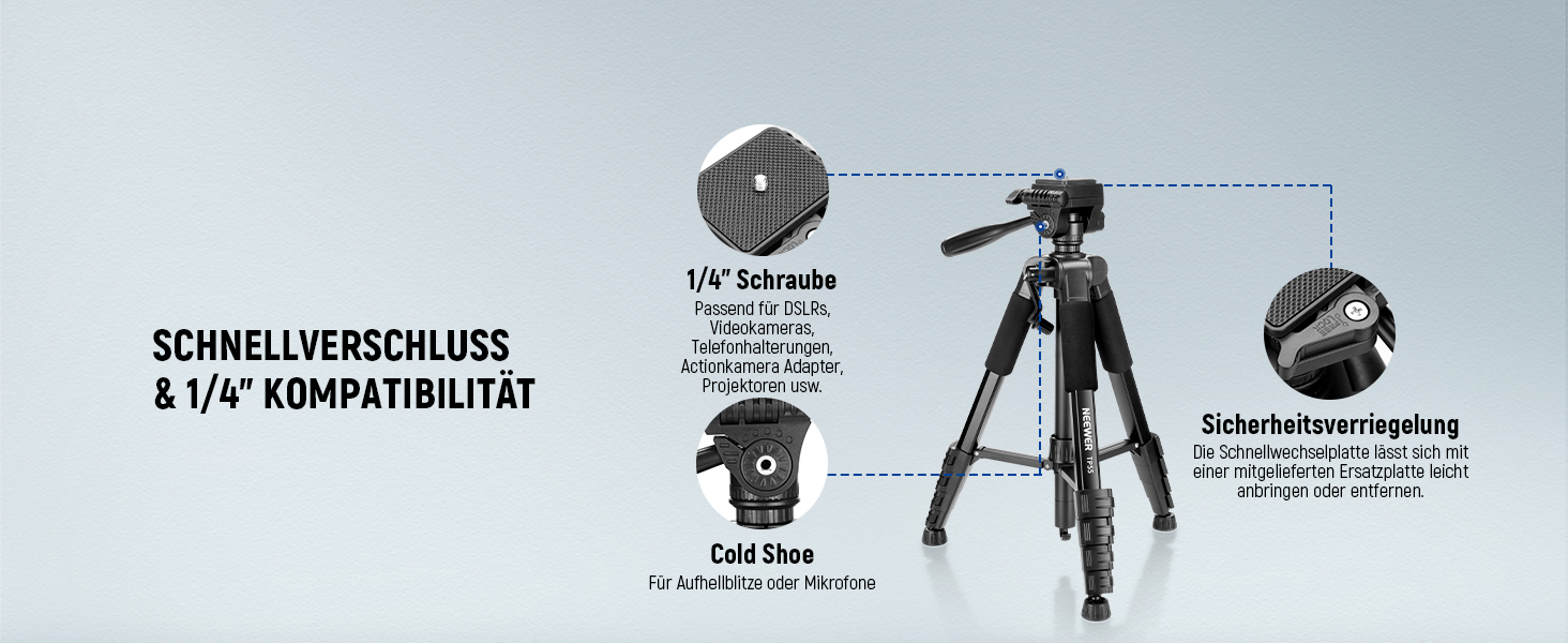 Штатив для камери та смартфона NEEWER Basics (TP55), легкий алюмінієвий туристичний трипод 188 см з 3-позиційною нахильною головкою