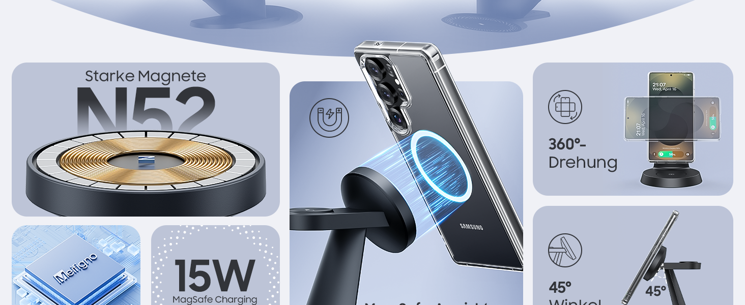 Бездротова зарядка Meifigno 3-в-1 для Samsung Galaxy: Mag-Safe, годинник, навушники (чорний)