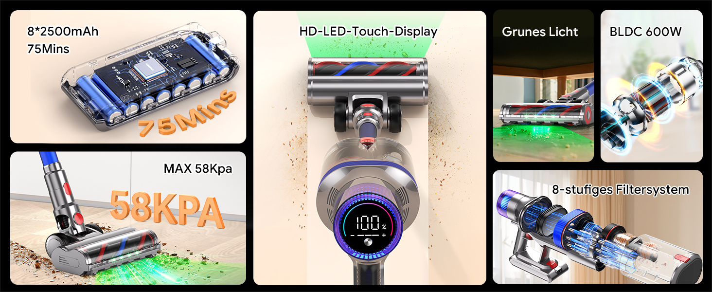 Бездротовий пилосос REBANIC S18 Max з дисплеєм, 600 Вт, 75 хвилин роботи, 58000 Па, об'єм контейнера 2 л, для твердих підлог, килимів, шерсті тварин, блакитний