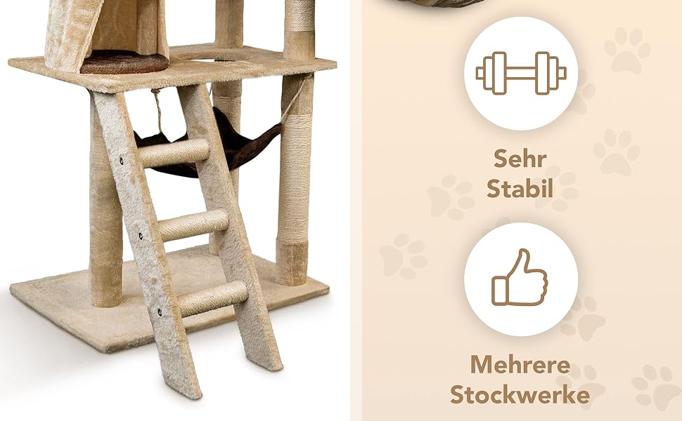 Кігтеточка Foxdevil для котів Xonic® - багатофункціональна кігтеточка з оглядовою платформою, гамаком, затишною печерою, іграшковою шнуркою, сходами – 141 см – (Бежевий/Коричневий V1)