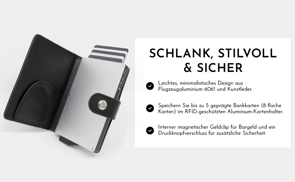 Гаманець чоловічий RFID захист Stealth Wallet - мінімалістичний алюмінієвий картхолдер з чорної шкіри (срібний, класичний)