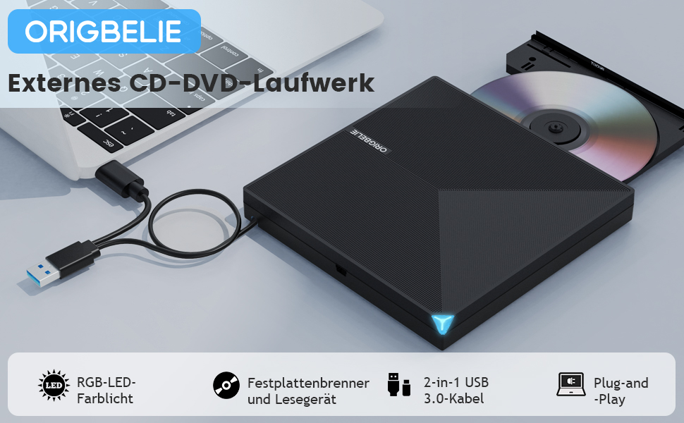 Зовнішній DVD-привід ORIGBELIE USB 3.0 та Type-C, портативний DVD-записувач для ноутбука та ПК