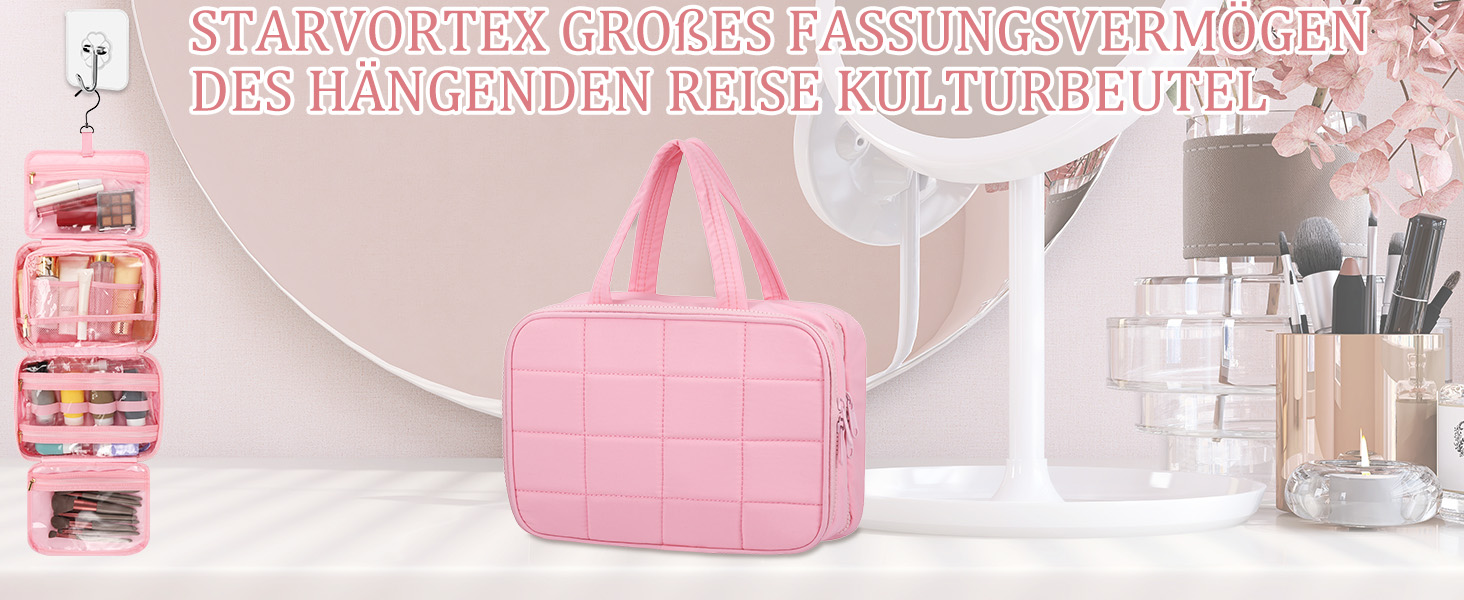 Кришталево-рожева дорожня косметичка для жінок з організатором для прикрас та гачком, водонепроникна, з кількома відділеннями