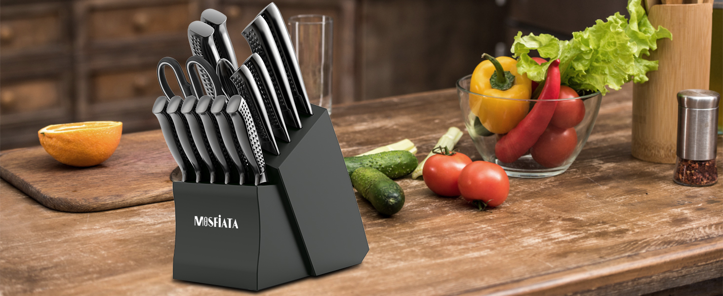 MOSFiATA 17-Piece Knife Set with Block - Professional Kitchen Knife Set with Titanium Coating, Stainless Steel, Scissors, Finger Guards & Gift Box