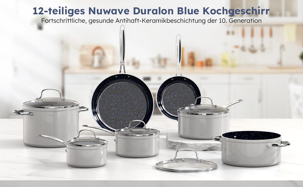 Набір посуду Nuwave G10 Duralon Blue (12 предметів): каструлі, сковороди з антипригарним покриттям, для індукційних плит, безпечний, без PFAS, сірий колір