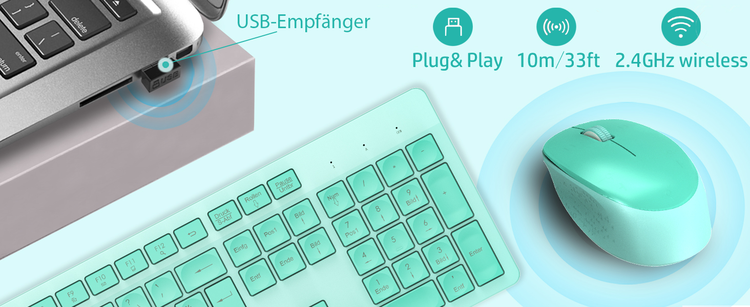 Бездротовий комплект клавіатури та миші Leadsail K786 з цифровою клавіатурою QWERTZ (німецька версія) - тиха клавіатура, 2.4 GHz, USB Nano приймач для ПК/ноутбука (зелений)