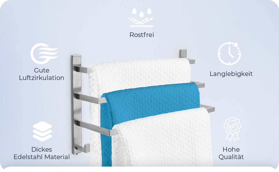 Тримач для рушників без свердління для ванної кімнати | Без бактерій | Прихований кріплення | Тримач для рушників з гачками - нержавіюча сталь SUS 304, антикорозійна, полірована