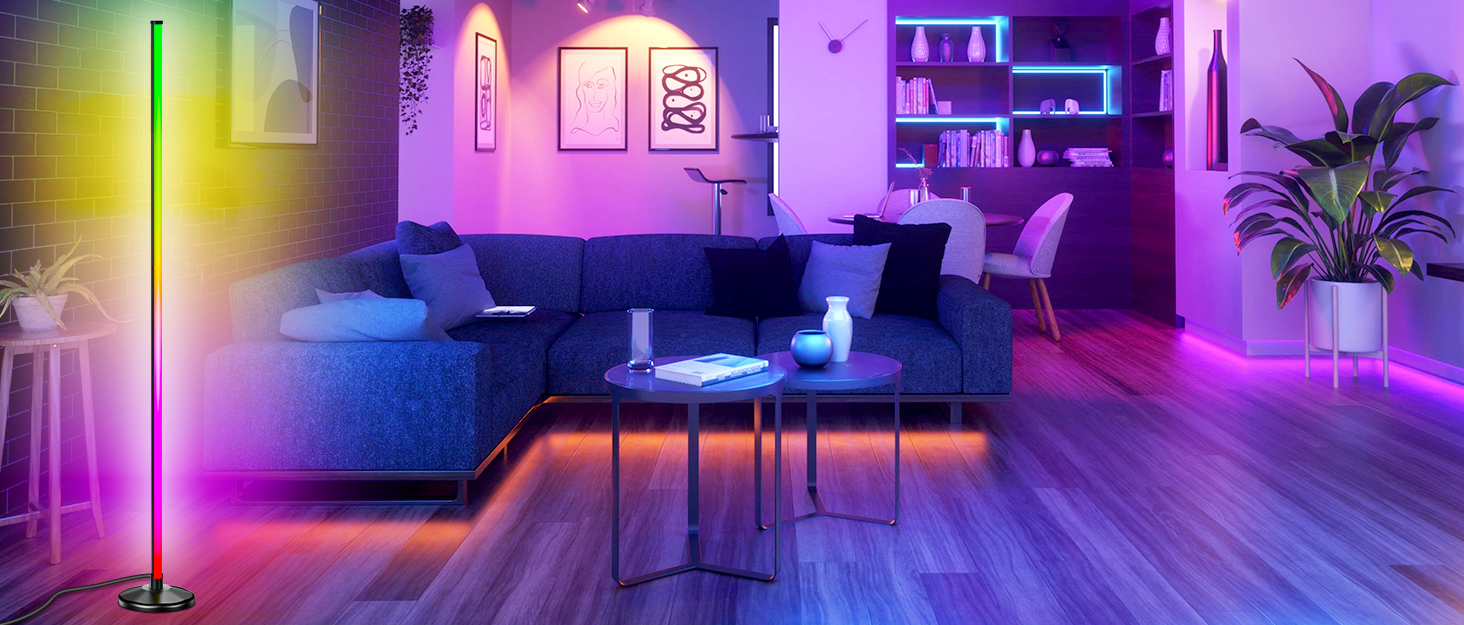 LED торшер для вітальні 145 см RGB, диммування, керування пультом/APP, 16 млн кольорів, 300 режимів, музичний режим, DIY, чорний