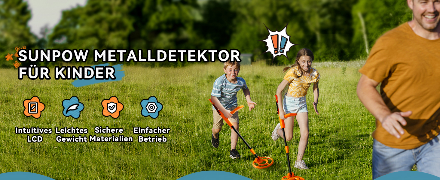 Металодетектор SUNPOW для дітей - LCD-дисплей з мультфільмами, водонепроникна котушка IP68, унісекс дизайн, 3 режими (All Metal/Disc/Pinpoint), регульована ручка 81-102 см для дітей 5-12 років, помаранчевий