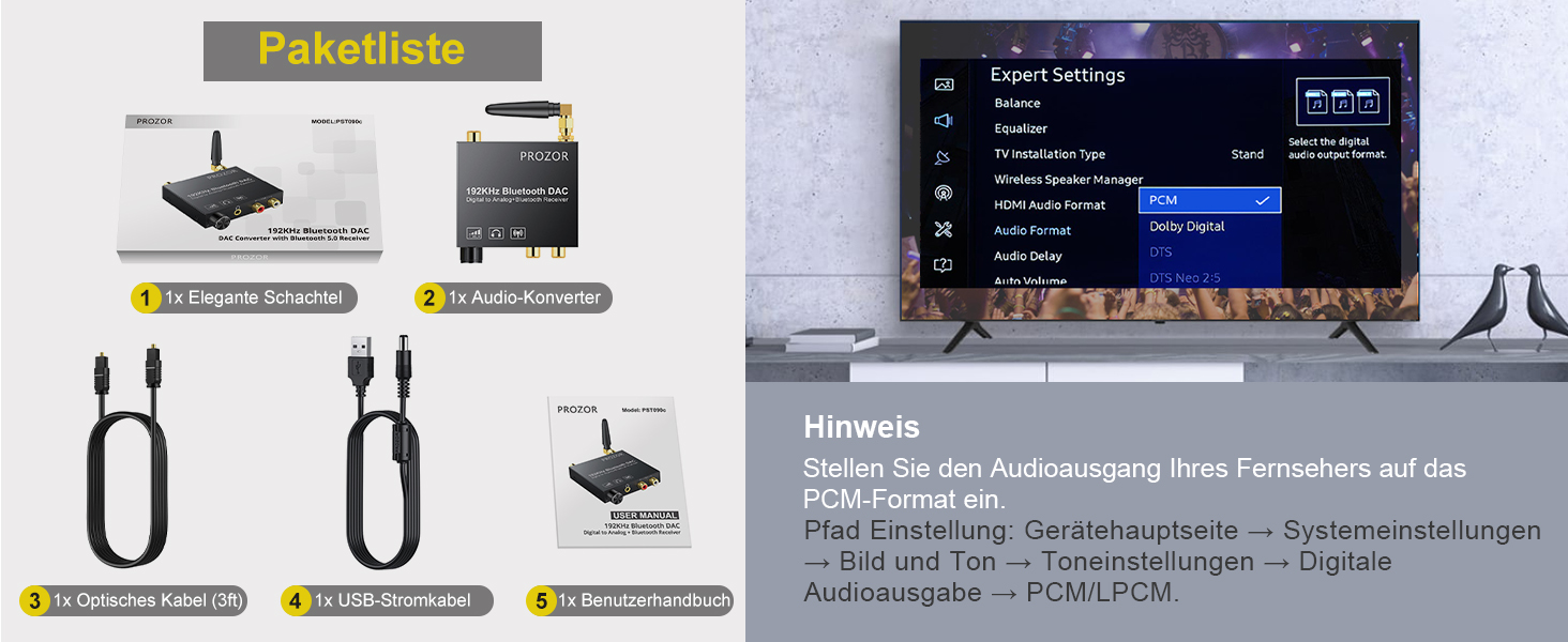 Bluetooth аудіоприймач PROZOR DAC: перетворювач з оптичним входом, Aux/RCA, регулювання гучності