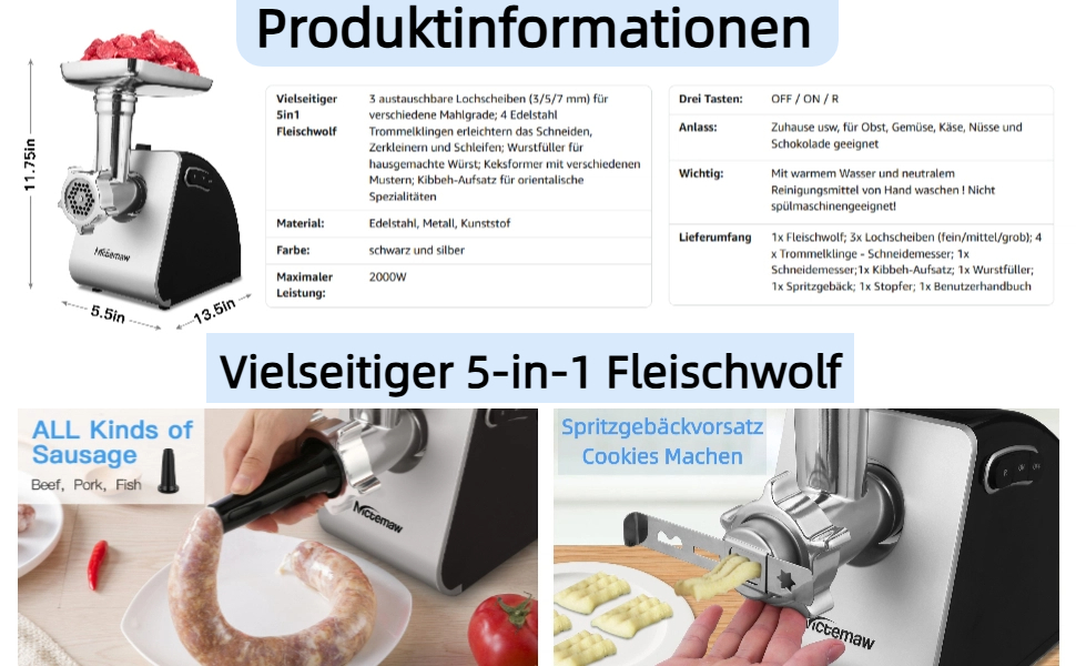 М'ясорубка електрична Profi 2000 Вт з насадками для ковбас, печива та кібе. 3 диски з нержавіючої сталі, 4 ножі. Для м'яса, овочів, сиру та тіста, Чорна