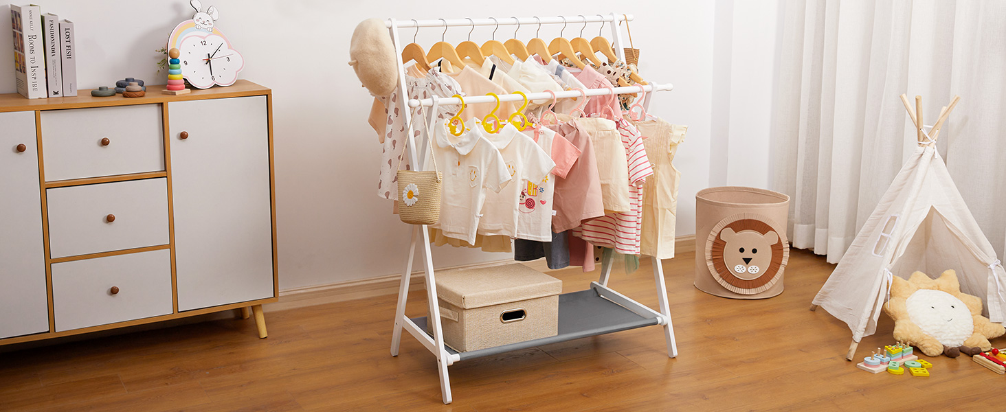 Дитяча вішалка для одягу Yorbay з бамбука, подвійна регульована штанга, полиці для зберігання, біла