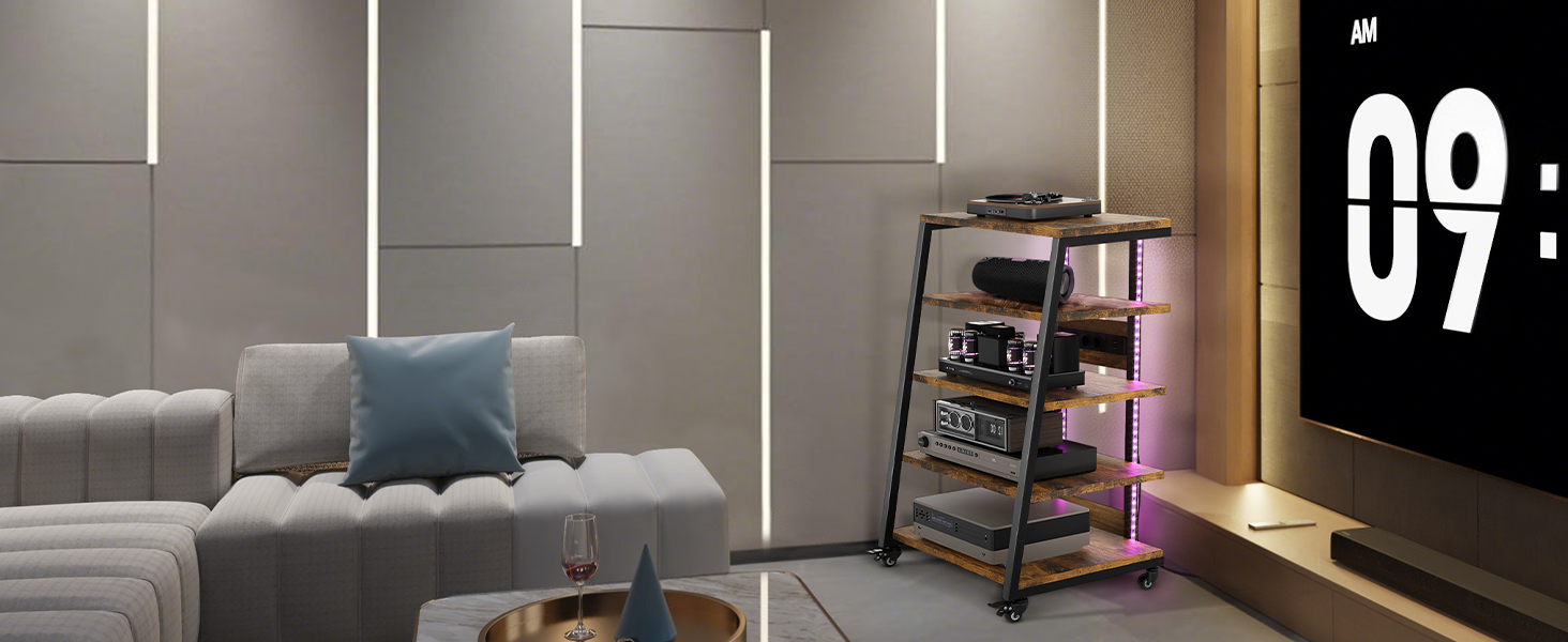 HiFi тумба з колесами для програвача, стереосистеми та ТВ 60x52x78 см. Дерев'яна, 5 полиць, з розетками та LED підсвіткою