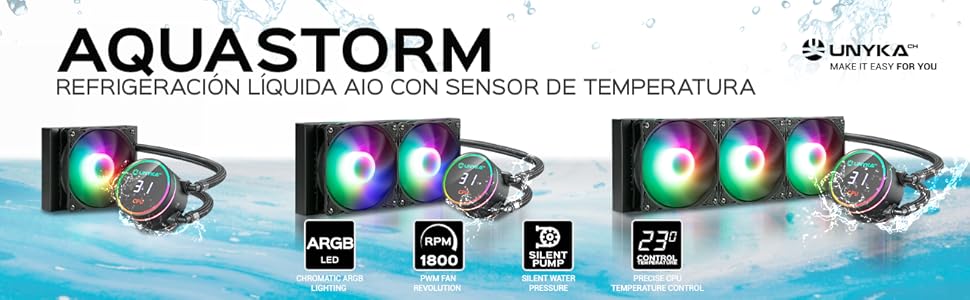 UNYKAch AQUASTORM Black 120 - Рідинне охолодження CPU з RGB вентилятором та датчиком PWM