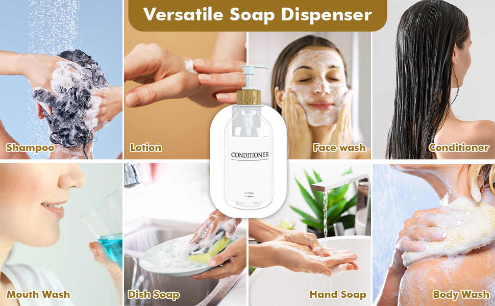 Набір дозаторів для мила, шампуню та миючого засобу на стіну, 500 мл, 3 шт., прозорий + бамбук