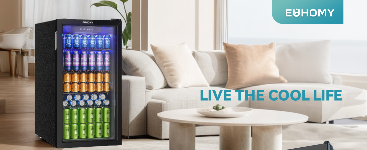 Міні-холодильник EUHOMY на 126 банок з дверцятами зі скла, чорний, з регульованими полицями, 90л, для дому/бару/офісу
