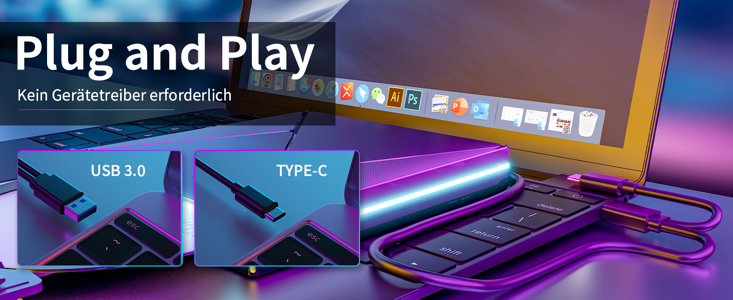 Зовнішній CD/DVD привід USB 3.0 та USB-C, оптичний накопичувач CD/DVD +/-RW ROM Brenner з RGB підсвіткою для ноутбука, ПК, MacBook, Windows та MacOS