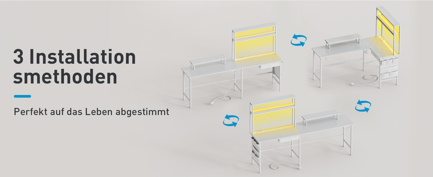 Ігровий стіл кутовий 150x100 см з 3 розетками та 2 USB, зворотний, з LED підсвічуванням, з ящиками та підставкою для монітора. Білий кутовий ігровий комп'ютерний стіл 170x100 см.