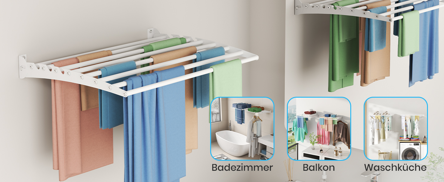 Настінна сушилка для білизни Innotic, розкладний вологостійкий сушильник для одягу з 8 стійок, великий, економний, для вулиці, ванної, балкону, білизни (білий, 60 см)