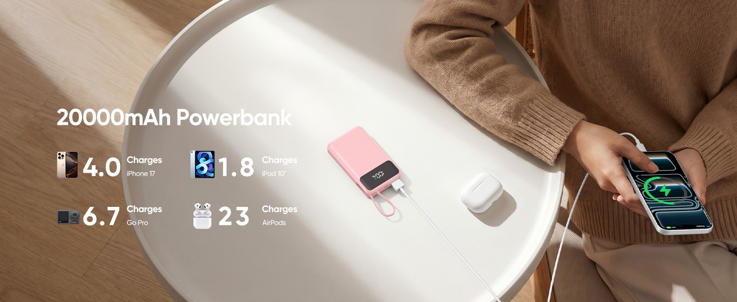 Компактний зовнішній акумулятор ADDTOP 20000mAh з 4 вбудованими кабелями, швидка зарядка 22.5W, рожевий