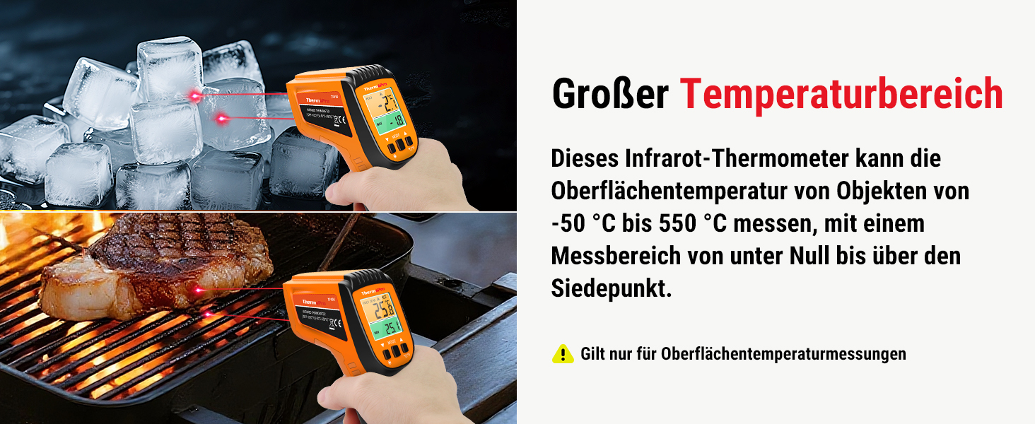 Інфрачервоний термометр ThermoPro TP30 з лазерним цільцем -50°C ~ 550°C, вимірювання MAX/MIN/AVG, для вимірювання температури поверхонь (не для вимірювання температури тіла)