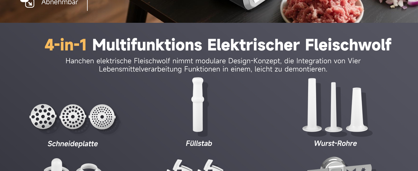 М'ясорубка електрична Hanchen 4-в-1 з насадками для ковбас та печива, 3 диски (3.5/5/7 мм), нержавіюча сталь